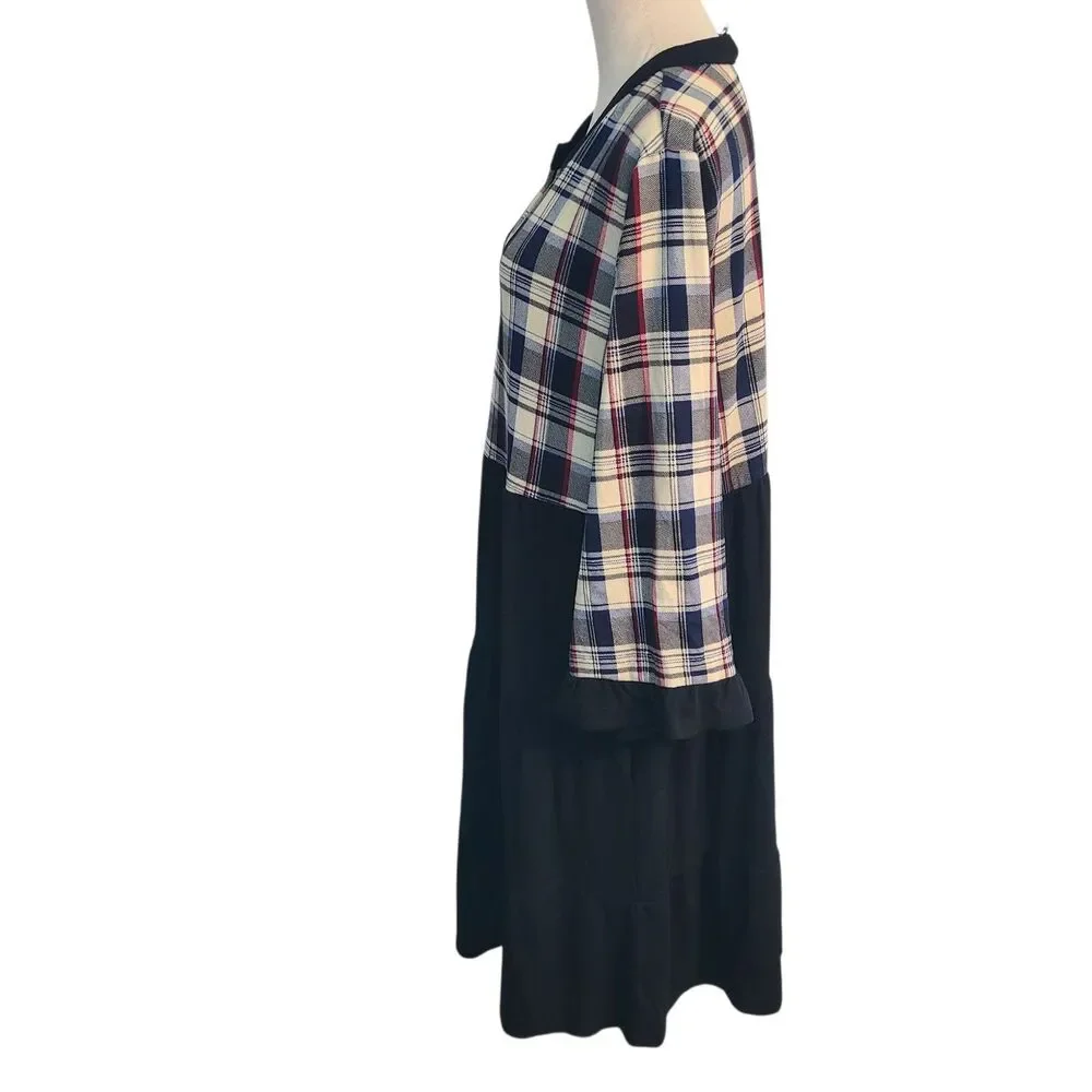 Suzanne Betro Dress XL Empire Waist Plaid Tiered Boho Mod Preppy Dark Academia - Picture 4 of 9
